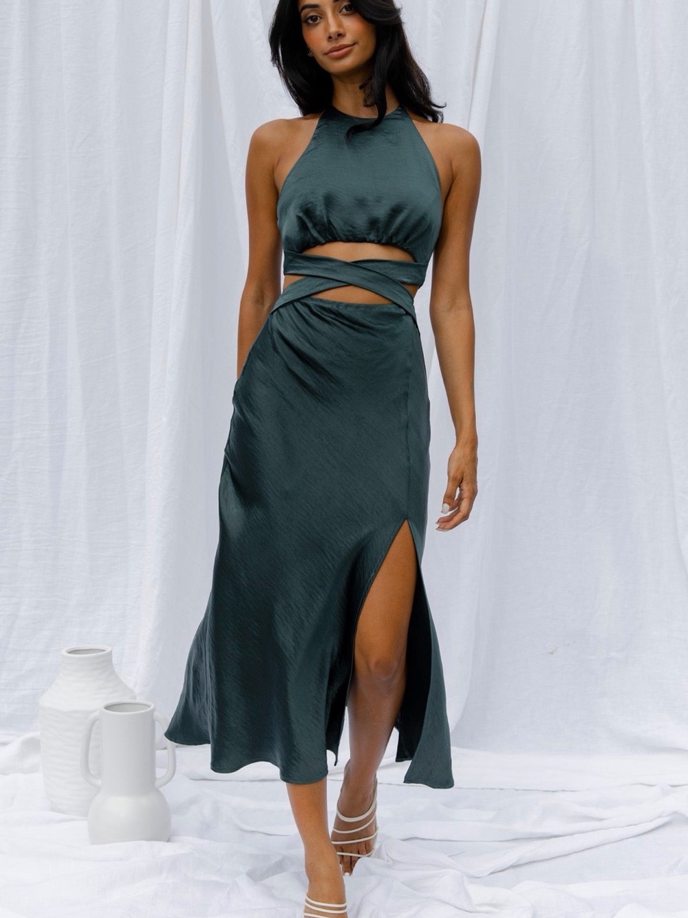 Selfie Leslie Teal Halter Midi Dress with Waist Wrap and Slit
